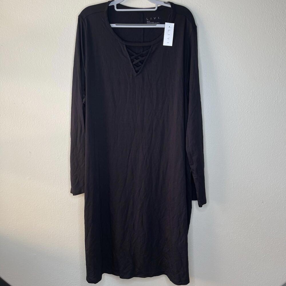 Livi Shift Dress Womens 22/24 Black Solid Rayon Crisscross V Neck Long Sleeve